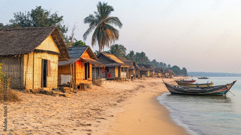 Obraz premium Fishing huts lined along a beach with fishing boats anchored nearby.