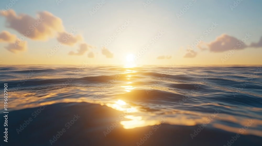 Fototapeta premium Golden sunlight reflecting on gentle sea waves at sunrise.