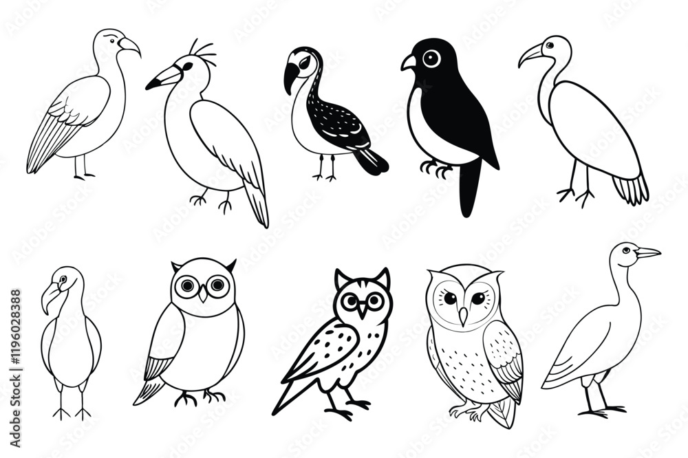 Fototapeta premium A delightful collection of black and white comic bird vector illustrations. Perfect for digital designs, printable, and creative projects. Editable, quirky, and versatile for any use.
