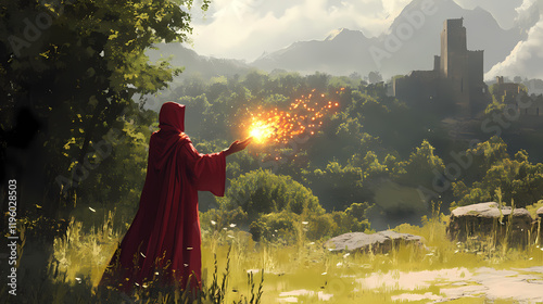 A skilled sorcerer conjures a fireball spell with focus and intensity in a magical landscape. Thornspire. Illustration photo