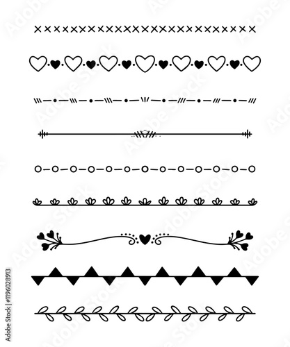 Decorative borders or underlines featuring hearts, flowers, and geometric patterns for creative projects and designs