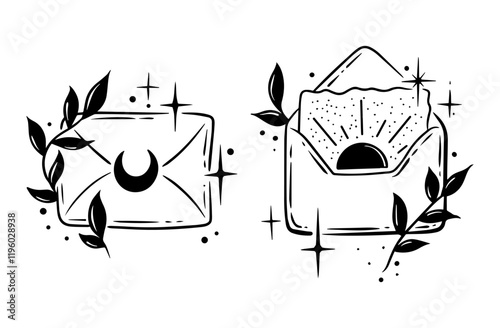 Stylized envelopes decorated with celestial motifs and plants, evoking a sense of mystery and connection