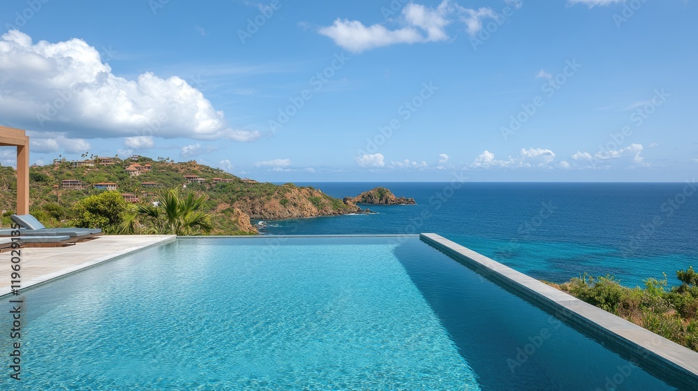 Luxury villa with an infinity pool blending seamlessly into the ocean horizon. Luxury villa with an infinity pool blending seamlessly into the ocean horizon.