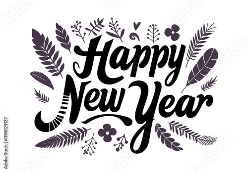 Abstract text calligraphy Happy New Year decorated with natural ornaments
