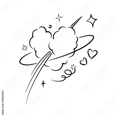 Abstract cosmic illustration featuring clouds, stars, and a ringed planet with whimsical details