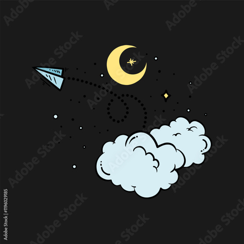 Creative illustration of a paper plane flying through a night sky with clouds and a crescent moon