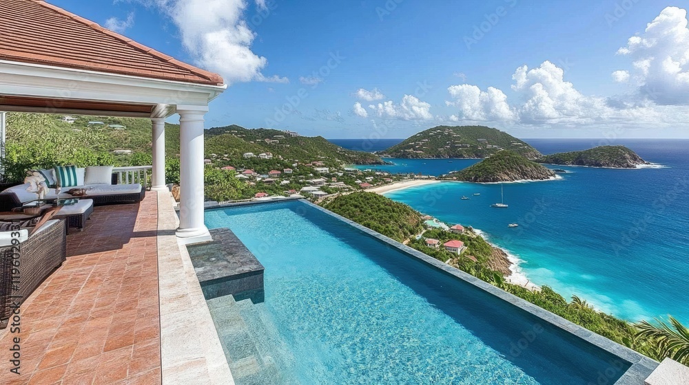 Luxury villa with stunning ocean views and a shaded pergola by the pool. Luxury villa with stunning ocean views and a shaded pergola by the pool.