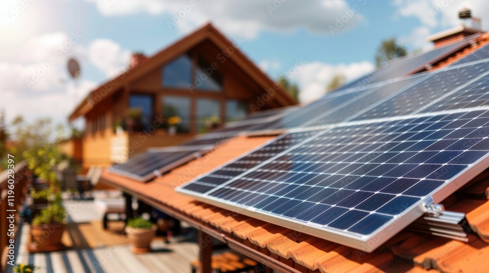 Fototapeta premium A modern home with solar panels on the roof, emphasizing renewable energy and sustainable living under a bright, sunny sky.