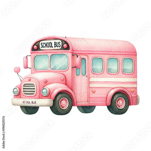 A pink school bus with round headlights and large windows, featuring a sign that reads 