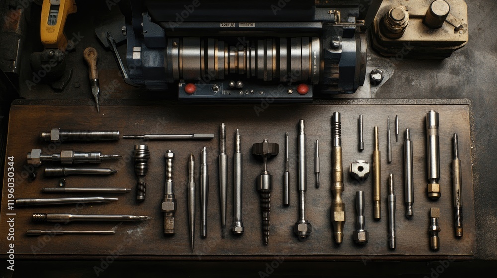 A collection of precision tools laid out near a piece of machinery. A collection of precision tools laid out near a piece of machinery.