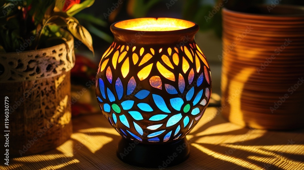 A decorative stained-glass lamp with intricate patterns and vibrant colors illuminating a space. A decorative stained-glass lamp with intricate patterns and vibrant colors illuminating a space.