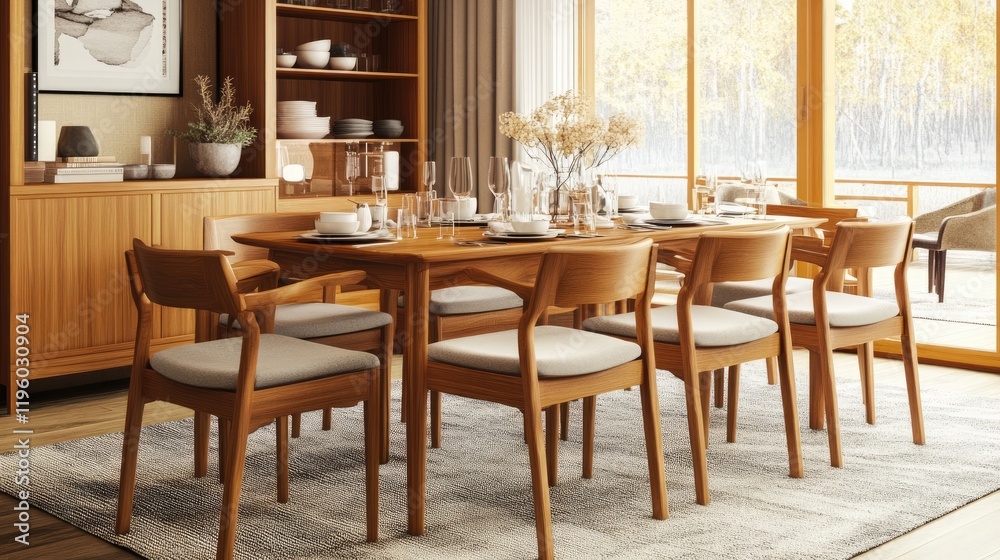 Scandinavian-inspired dining room mockup with a warm wooden table and a contemporary design. Scandinavian-inspired dining room mockup with a warm wooden table and a contemporary design.