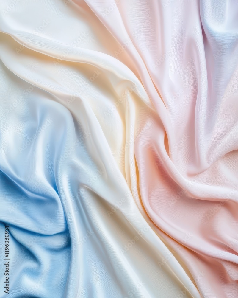 Fototapeta premium Soft, flowing fabric in pastel tones of blue, pink, and cream, creating an elegant and serene texture.