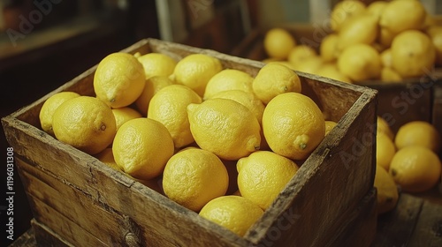 Fresh lemons in a rustic wooden crate. Perfect for themes of healthy food, freshness, and citrus.