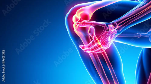Illustration of individual grasping knee joint in pain with highlighted bones indicating injury