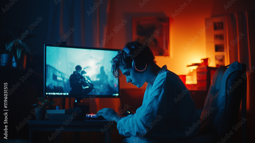Intense Gamer Immersed in Action Game with RGB Lights Intense Gamer Immersed in Action Game with RGB Lights