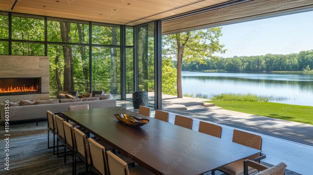Fototapeta premium Spacious dining area with clean lines, modern furniture, and a serene lakeside backdrop.
