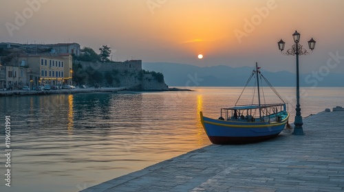 Sunrise over a peaceful sea port, with reflections on calm water.