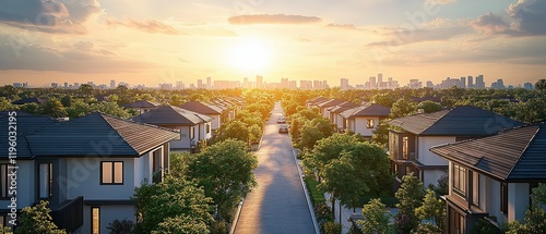 peaceful residential area with neatly arranged houses and tree-lined streets, soft sunlight illuminating rooftops, with a blurred city skyline in the distance,  photo