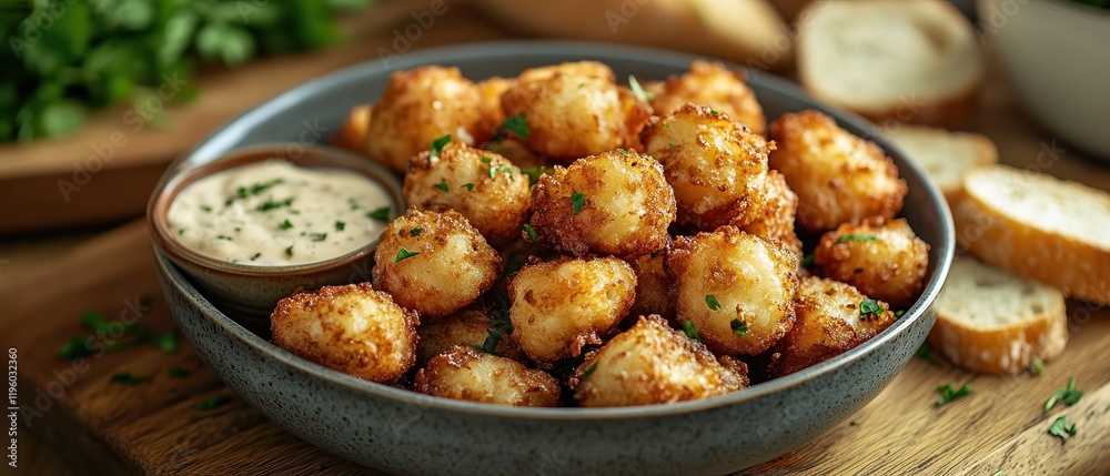 Golden, crispy tater tots served in a bowl with creamy dipping sauce. Garnished with fresh parsley, paired with bread slices, perfect for a comforting snack or appetizer. Golden, crispy tater tots served in a bowl with creamy dipping sauce. Garnished with fresh parsley, paired with bread slices, perfect for a comforting snack or appetizer.