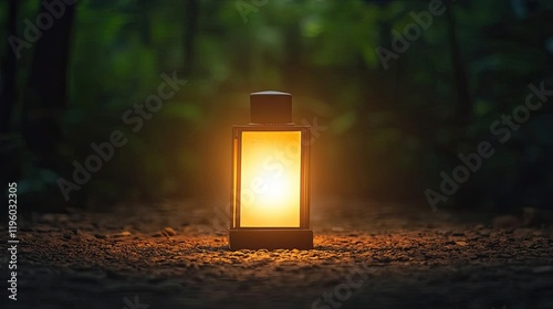 A glowing lantern illuminating a dark forest path, creating a serene and magical atmosphere, perfect for outdoor adventures and nighttime exploration.