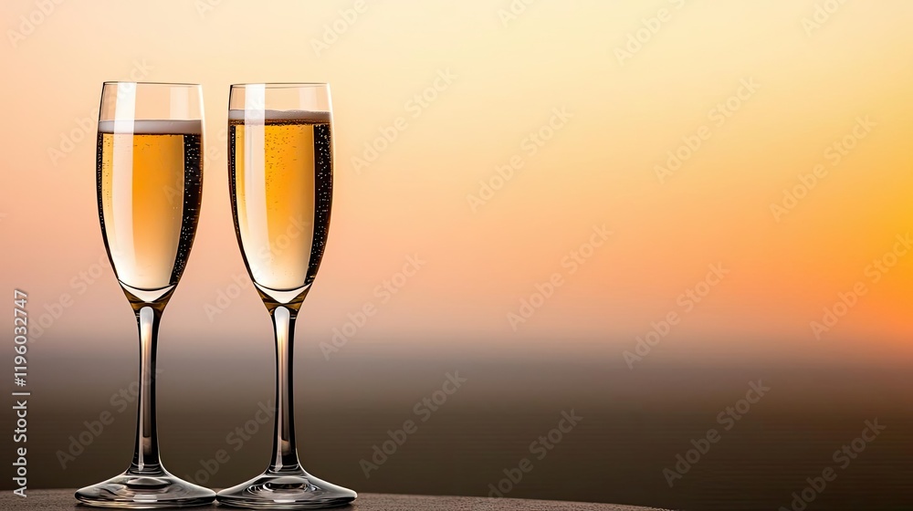 Two elegant champagne glasses filled with sparkling beverage, set against a beautiful sunset backdrop, perfect for celebrations and special occasions. Two elegant champagne glasses filled with sparkling beverage, set against a beautiful sunset backdrop, perfect for celebrations and special occasions.