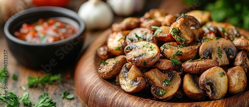  Fried spring mushrooms served on rustic wooden board with small bowl of spicy dipping sauce, blurred kitchen countertop featuring herbs, garlic, and onions adding a homely cooking vibe. photo