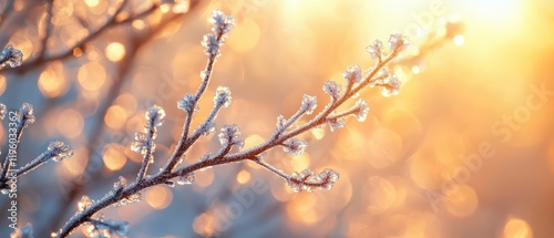  Frost-covered branches glistening in morning light, delicate ice crystals coating bare tree branches, shimmering like diamonds under soft golden sunlight of a crisp winter morning.