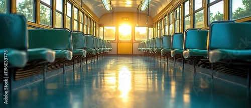  Inside view of school bus with rows of green vinyl seats stretching toward back, sunlight streaming through wide windows and reflecting on polished floor, creating bright, nostalgic atmosphere. photo