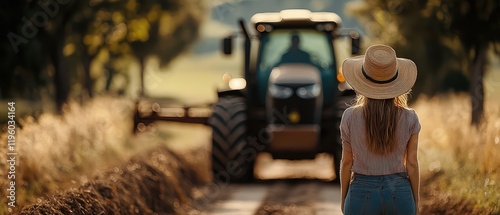  Person standing on dirt road near tractor, wearing wide-brimmed hat, blurred tractor visible in background with large tires and farming tools attached, creating rustic, hardworking farm atmosphere. photo