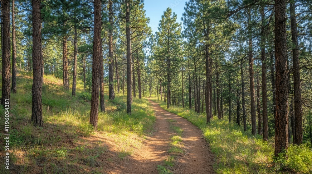 Sunlit path winds through a dense pine forest. Ideal for illustrating tranquility, nature, or hiking themes. Sunlit path winds through a dense pine forest. Ideal for illustrating tranquility, nature, or hiking themes.