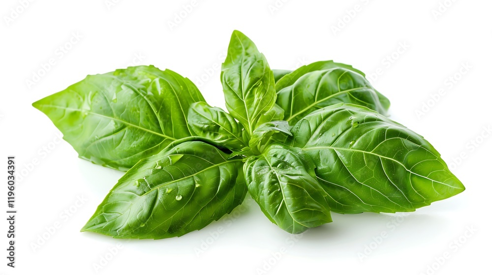 Fototapeta premium A sprig of basil with green leaves, isolated on a white background