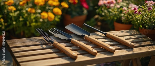  Set of garden tools including hand trowel, pruners, and rake neatly arranged on wooden bench, blurred background of colorful flower beds and potted plants, evoking calm gardening atmosphere. photo