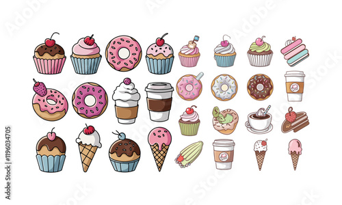 Sweet clipart collection featuring donuts, cupcakes, ice cream, macarons, coffee cups, and other delicious treats.