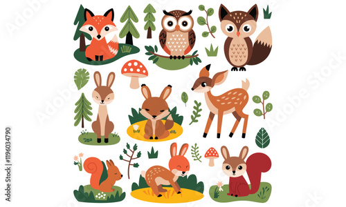 Woodland Animals Clipart Set - Foxes, Owls, Deer, Rabbits, Squirrels, and Forest Elements