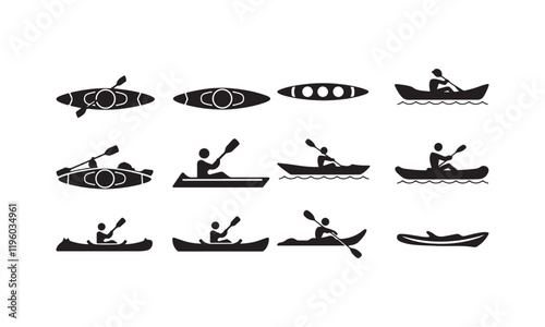 Kayaking Silhouette Icons Set - Kayaks, Paddlers, and Canoeing Designs
