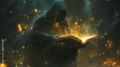 A cloaked figure conjures magic from an ancient book, surrounded by glowing particles. Thornspire. Illustration