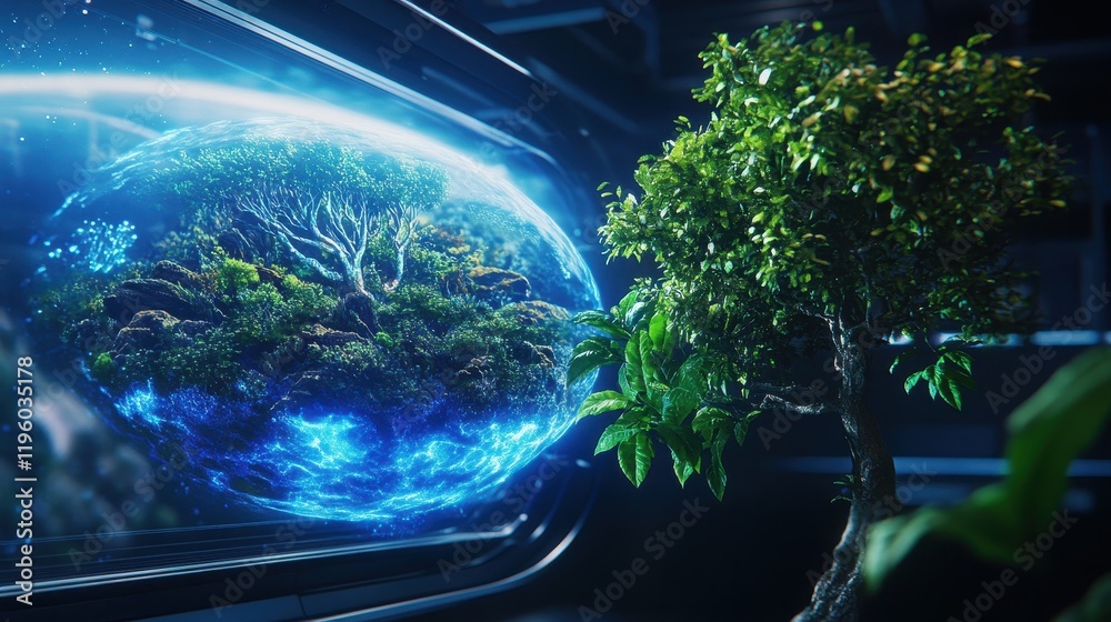 A futuristic depiction of a thriving tree symbolizing environmental balance. A futuristic depiction of a thriving tree symbolizing environmental balance.