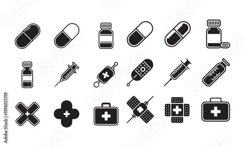 Medical Icons Set - Pills, Syringes, First Aid Kits, and Bandages in Silhouette