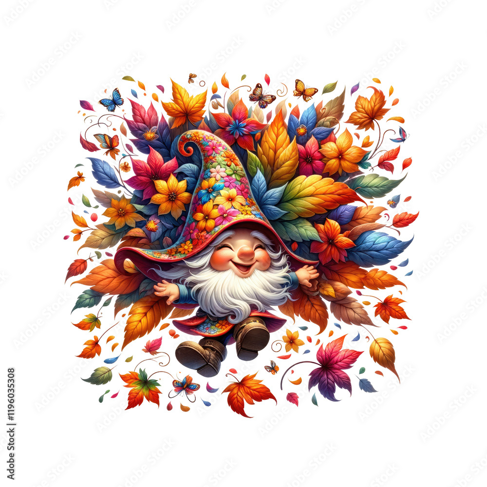 A whimsical gnome surrounded by vibrant autumn leaves and colorful flowers, exuding joy and charm. A whimsical gnome surrounded by vibrant autumn leaves and colorful flowers, exuding joy and charm.