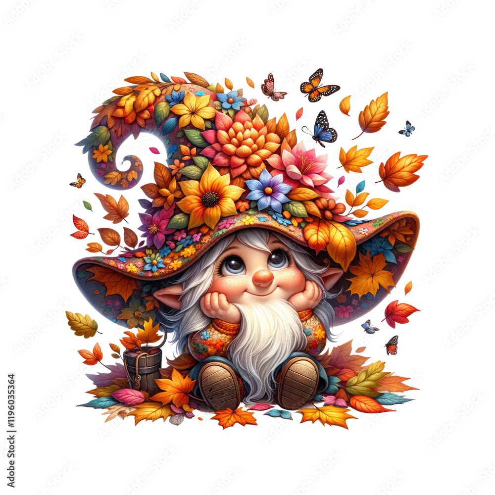Fototapeta premium A whimsical gnome adorned with a floral hat, surrounded by colorful autumn leaves and flowers, exuding a playful charm.
