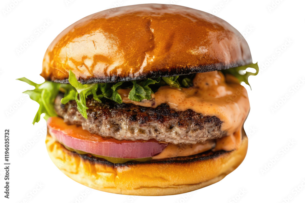 Hamburger Classic Burger American Cheeseburger with Lettuce Tomato Onion Cheese Beef and Sauce Close up isolated on white Background. Hamburger Classic Burger American Cheeseburger with Lettuce Tomato Onion Cheese Beef and Sauce Close up isolated on white Background.