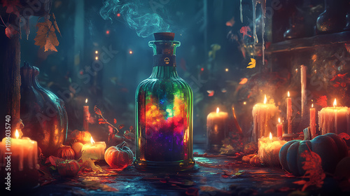 A decorative halloween bottle bursting with colorful potion, flanked by ominous decor and glowing candles, conjures a thrilling ambiance for an unforgettable spooky night. Thornspire. Illustration photo