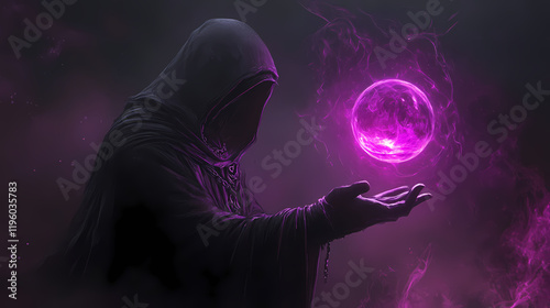 A hooded figure conjures a glowing purple orb amidst a mystical dark background. Thornspire. Illustration