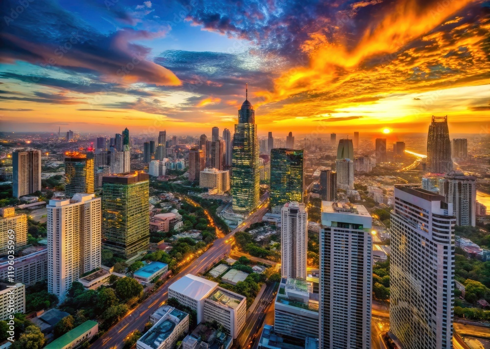 Obraz premium Soaring skyscrapers pierce the sky in this captivating aerial view of Bangkok's dynamic city center.