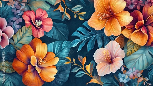 Wallpaper Mural Colorful Botanical Motif with Detailed Floral Elements and Lines Torontodigital.ca