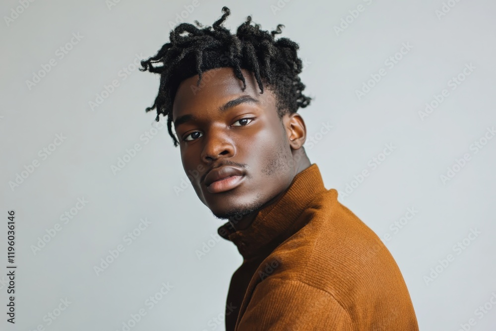 Obraz premium Stylish Young Man with Natural Hair Posing Against a Neutral Background