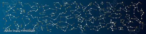 Celestial vector map of the night sky with the names of stars and constellations on a dark blue gradient background. Includes Orion, Sirius, Lyra, Centaurus, Pegasus, Virgo, Phoenix, Crux and other.