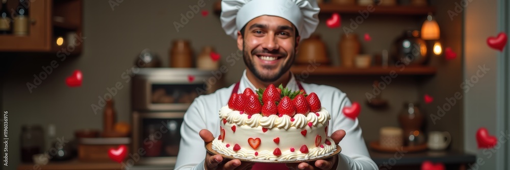 Joyful baker presenting a beautiful strawberry cake, perfect for celebrations. Ideal for food blogs, baking tutorials, or marketing sweet treats. Joyful baker presenting a beautiful strawberry cake, perfect for celebrations. Ideal for food blogs, baking tutorials, or marketing sweet treats.