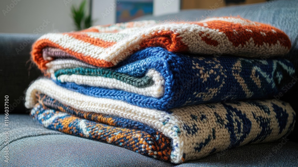 Fototapeta premium Handmade knitted blankets with vibrant patterns folded neatly on a sofa.